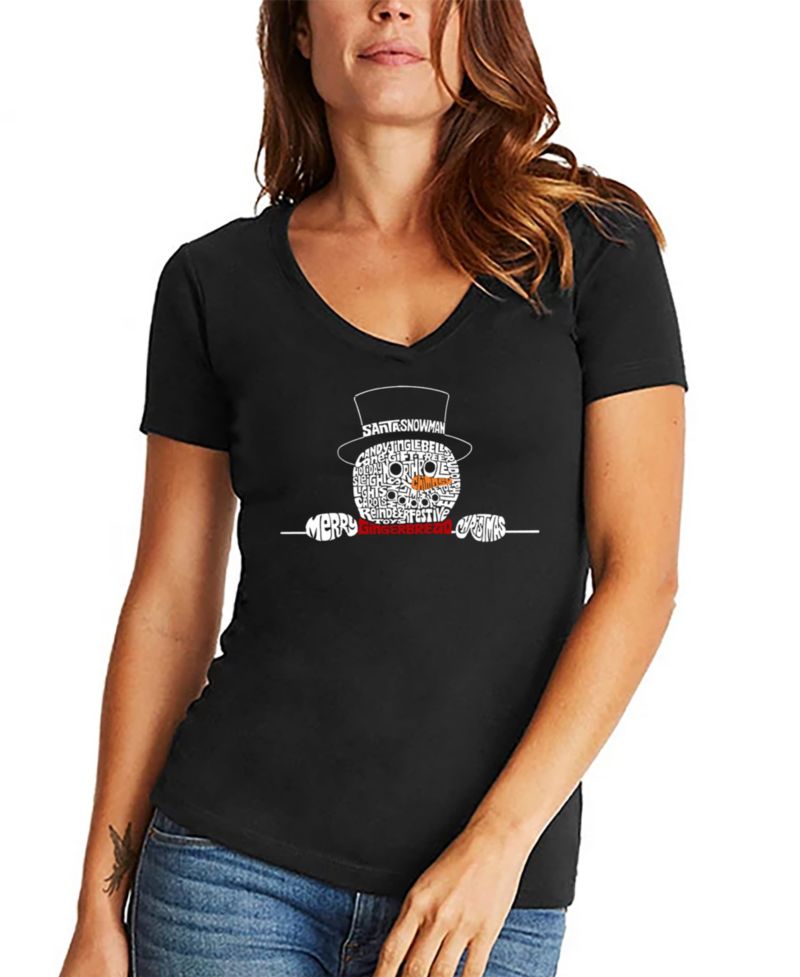 Women's Peeking Snowman Word Art V-Neck T-Shirt