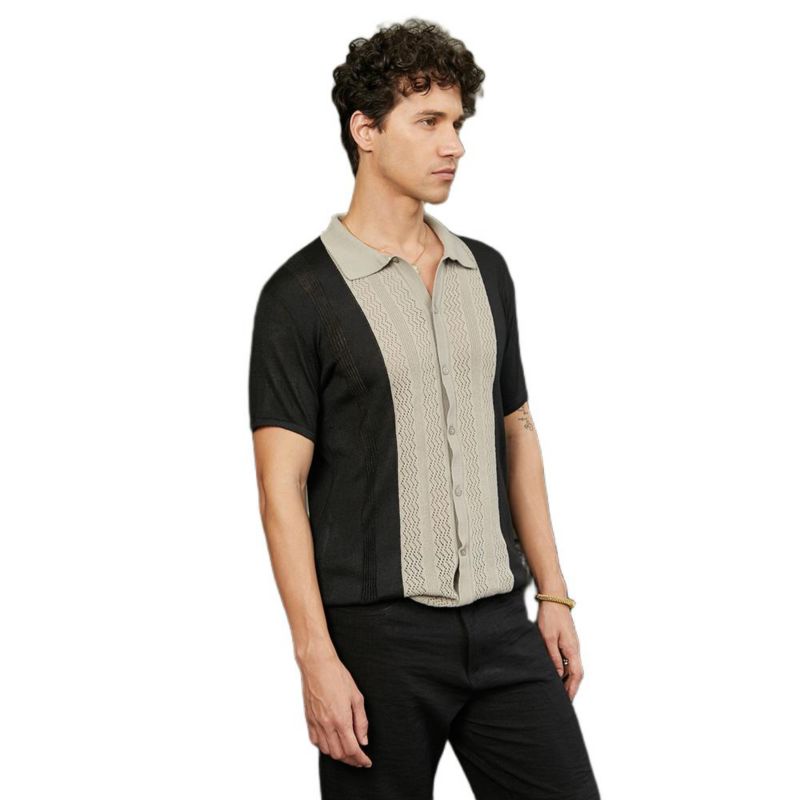 Men's Sand Beige & Onyx Black Block-Knit Slim-Fit Shirt