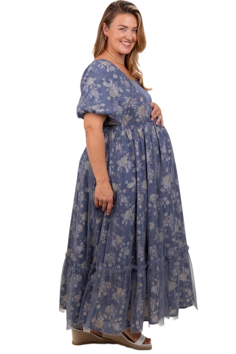 Women's Maternity Floral Mesh Square Neck Short Puff Sleeve Midi Dress