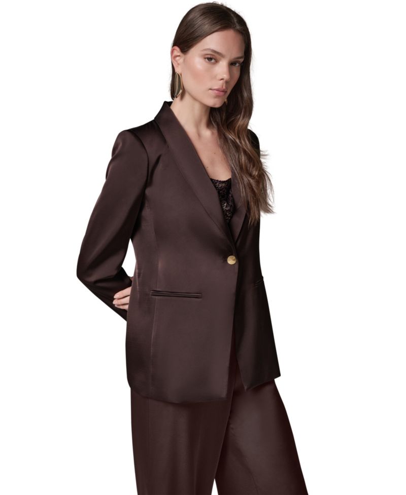 Petite Satin Shawl Lapel Shoulder-Padded Blazer