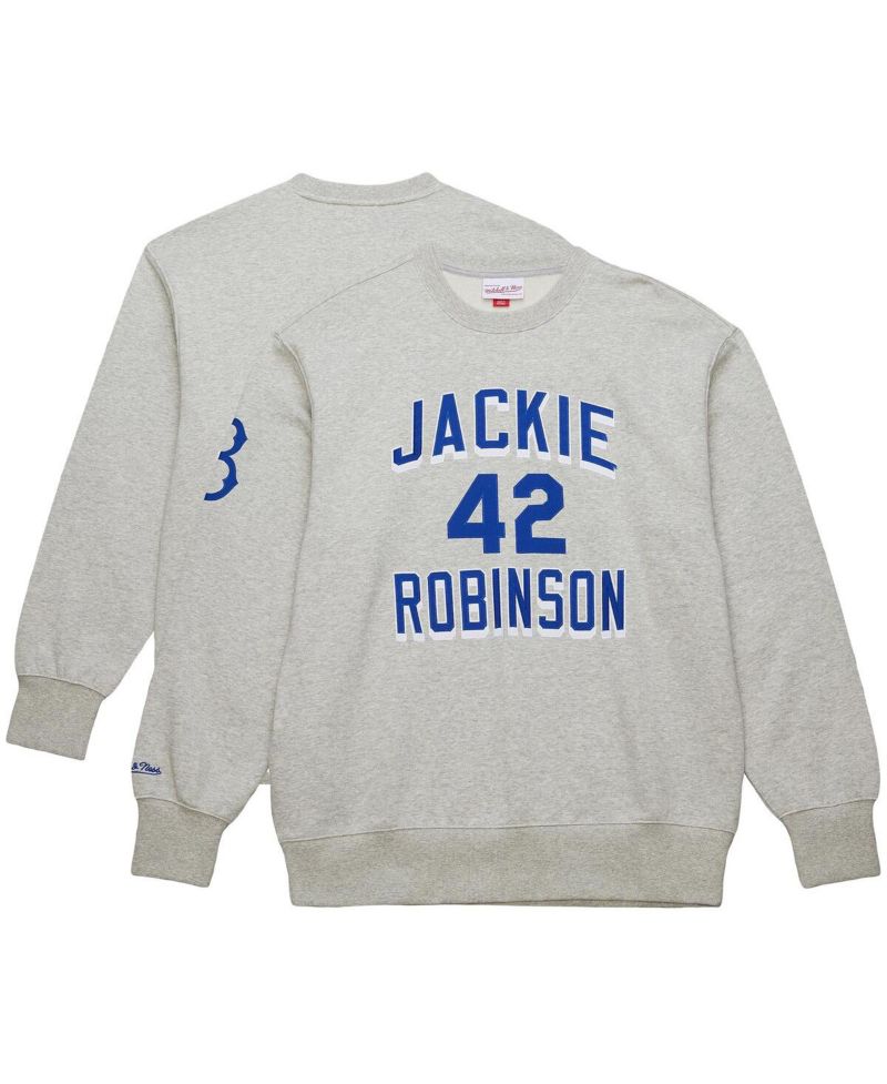 Men's Jackie Robinson Heather Gray Brooklyn Dodgers Legends Collection Vintage Logo Name & Number Fleece Pullover Sweatshirt