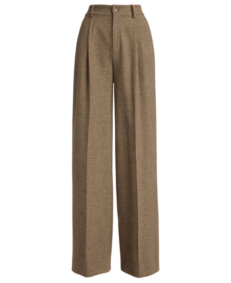 Petite High-Rise Wide-Leg Plaid Wool Pants, 29" Inseam