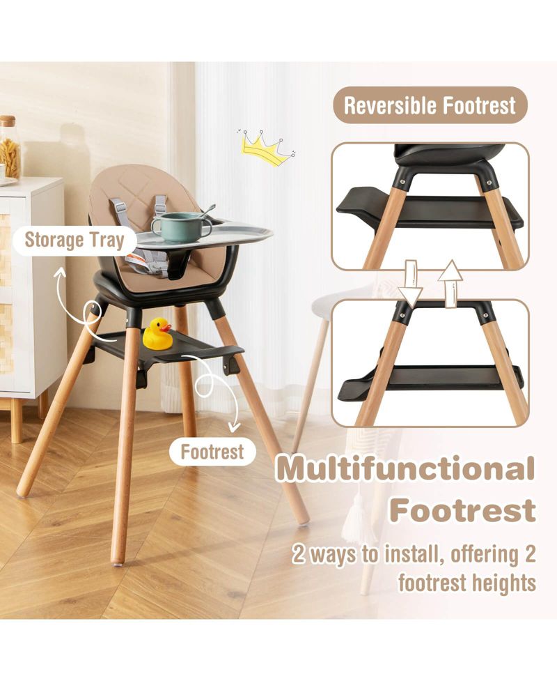 6-in-1 Convertible Wooden Baby Highchair Infant Feeding Chair with Removable Tray
