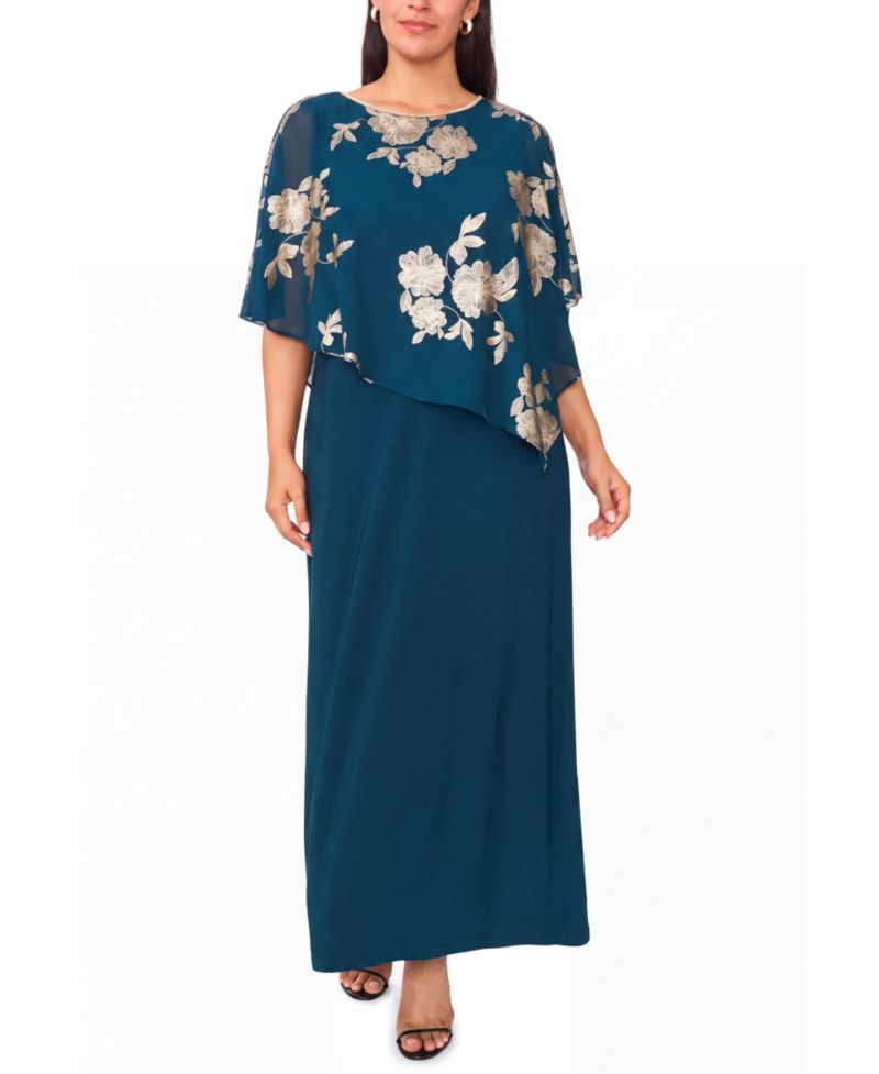 Petite Metallic Floral-Print Crewneck Short-Sleeve Maxi Dress