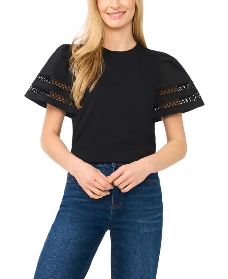 Women's Combo Trim-Sleeve Crew Neck Top