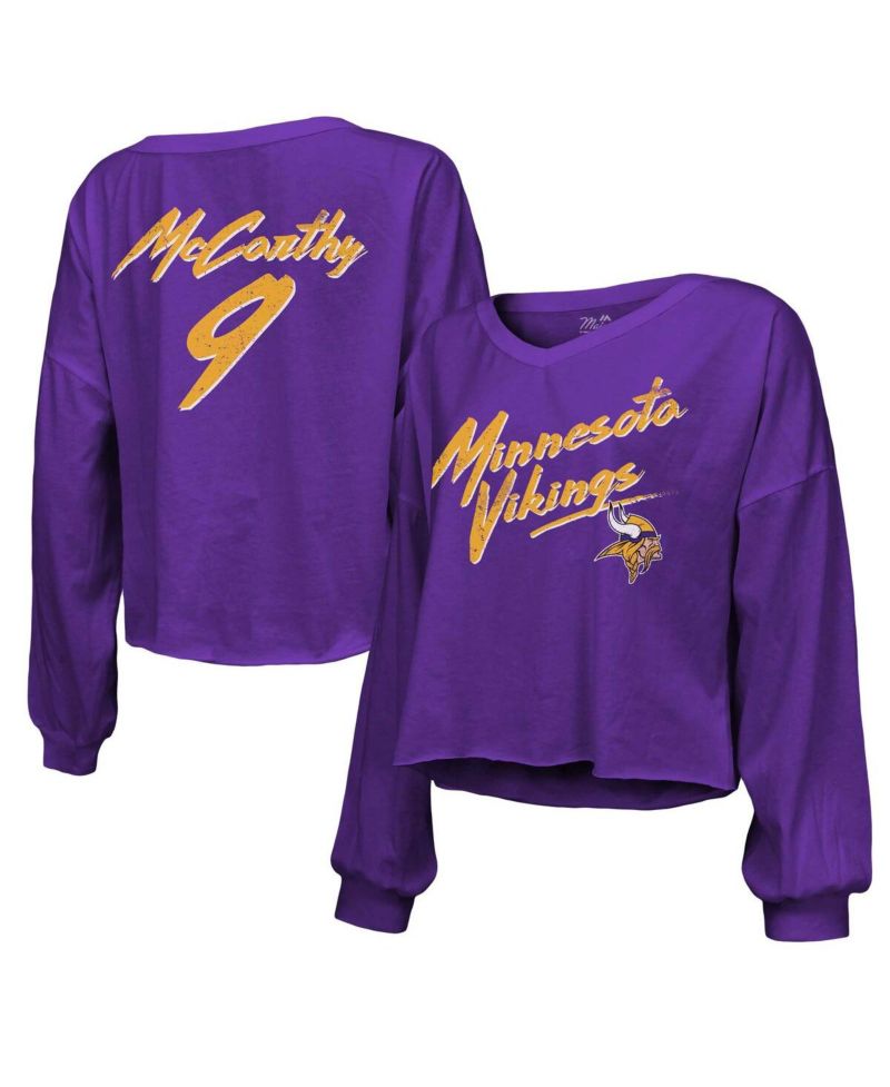 Women's J.J. McCarthy Purple Minnesota Vikings Name & Number Off-Shoulder Script Cropped Long Sleeve V-Neck T-Shirt
