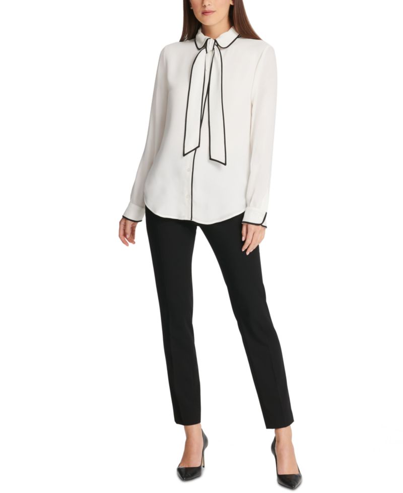 Petite Piped-Trim Button-Up Blouse