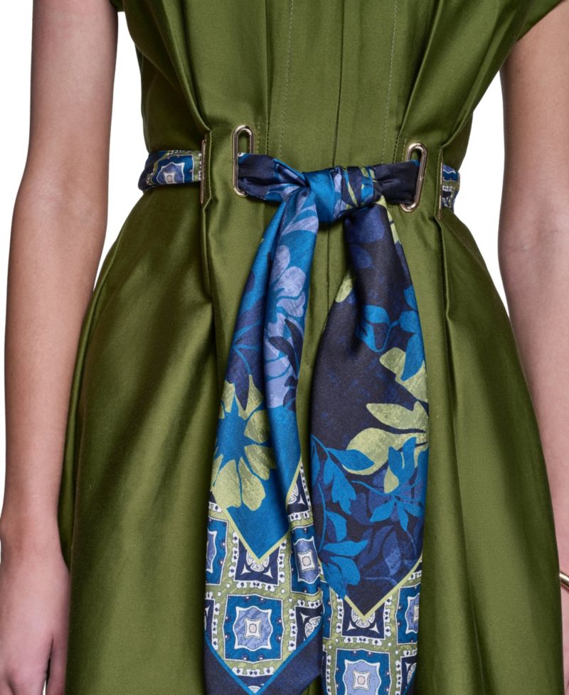 Women's Scarf-Belt V-Neck A-Line Midi Shirt Dress