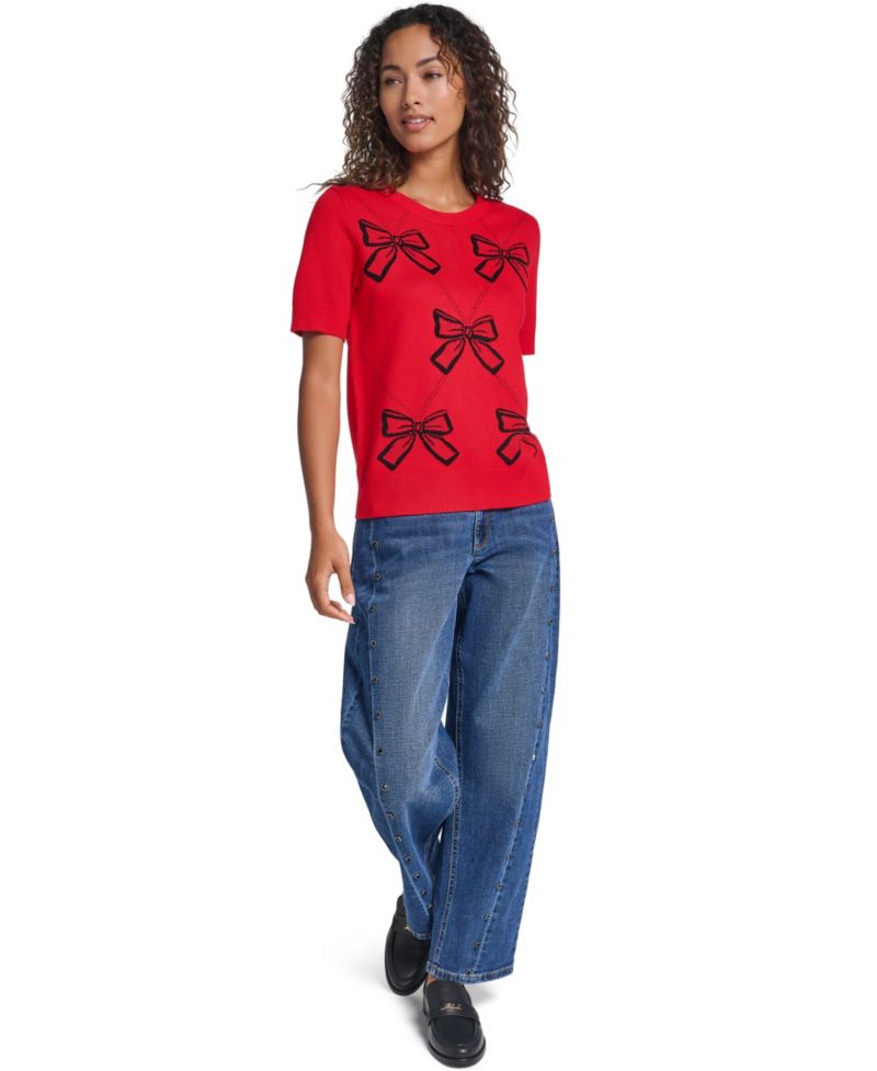 Women's Argyle 3D Bow Short-Sleeve Pullover Sweater