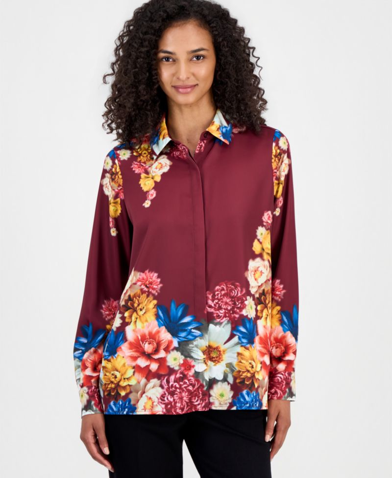Women's Floral Button-Front Tunic Blouse