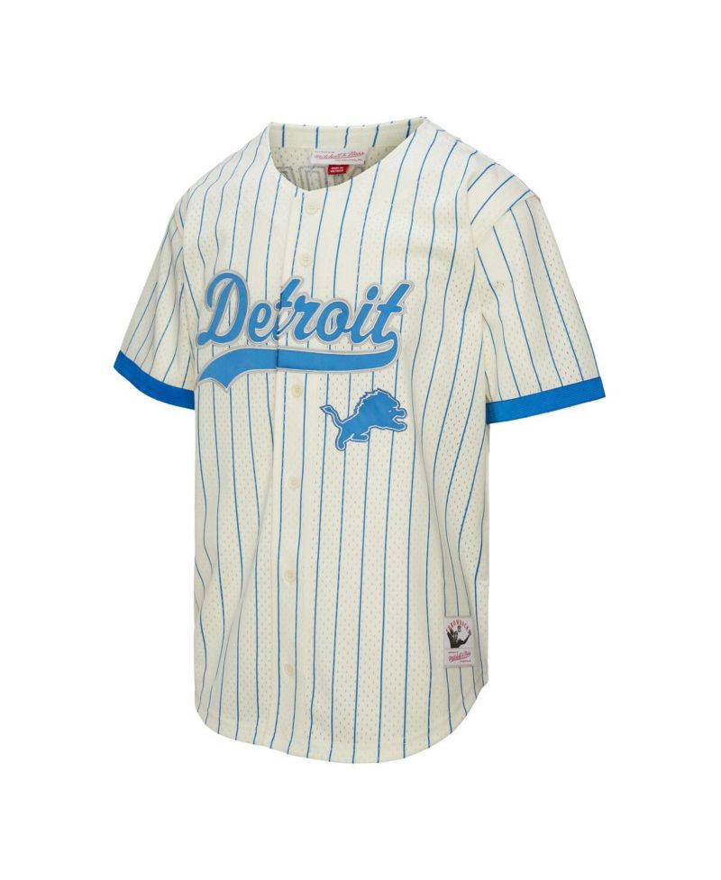 Men's Barry Sanders Cream Detroit Lions Name & Number Mesh Button-Up Baseball Jersey