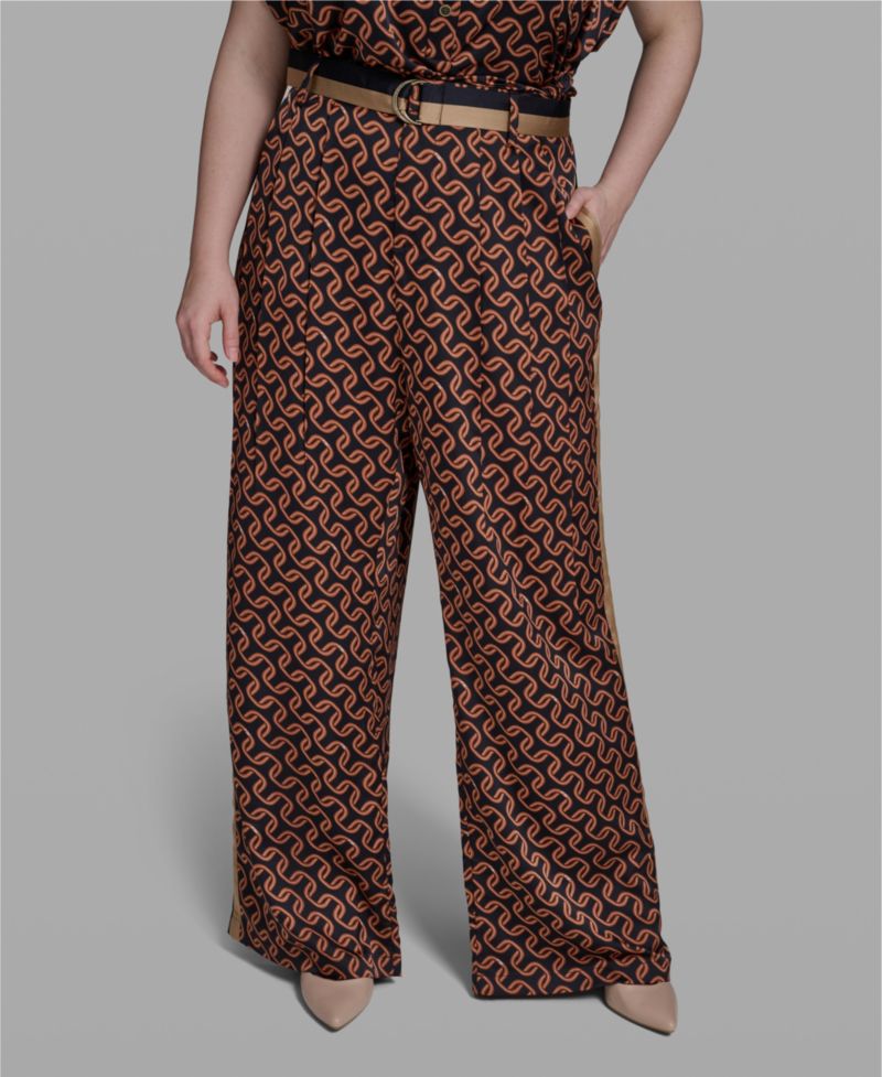 Plus Size Mid-Rise Printed D-Ring Belted Wide-Leg Pants