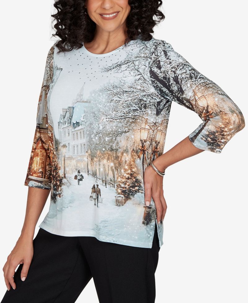 Petite Classic Christmas In The City Holiday Embellished Print Knit Top