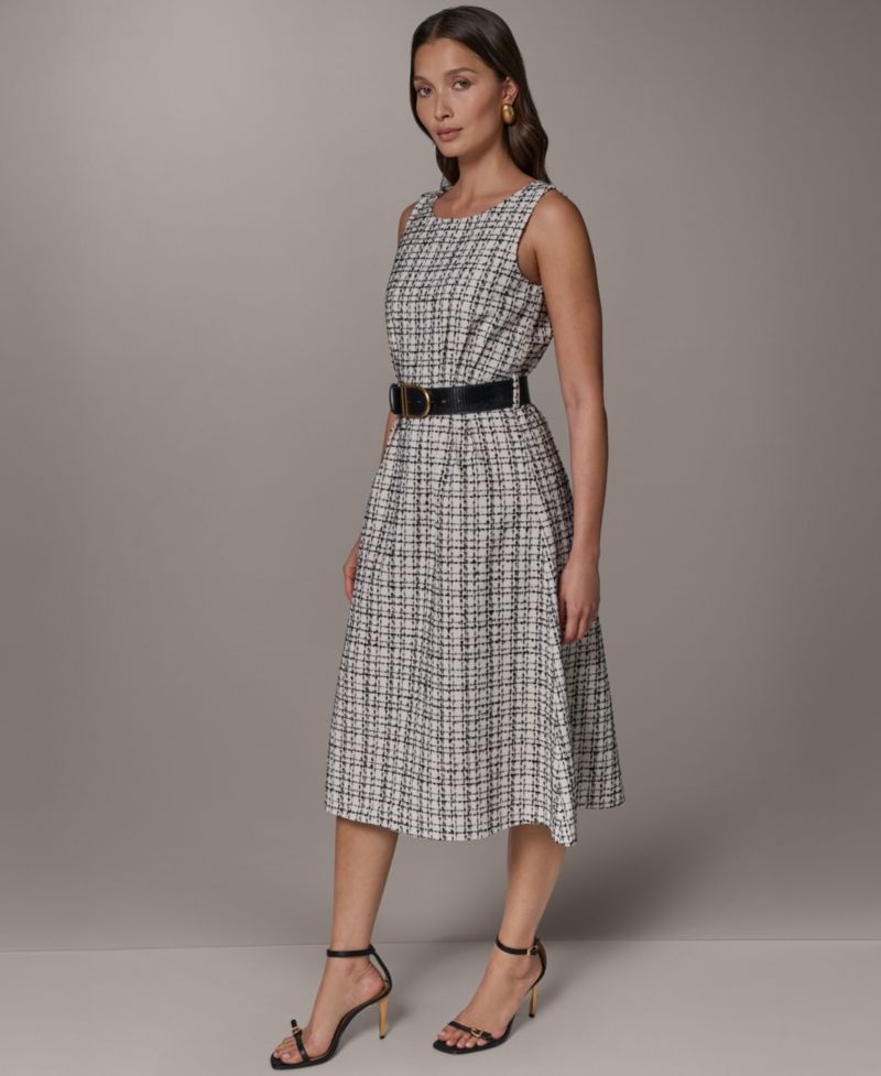 Women's Sleeveless Plaid Tweed Belted A-Line Dress