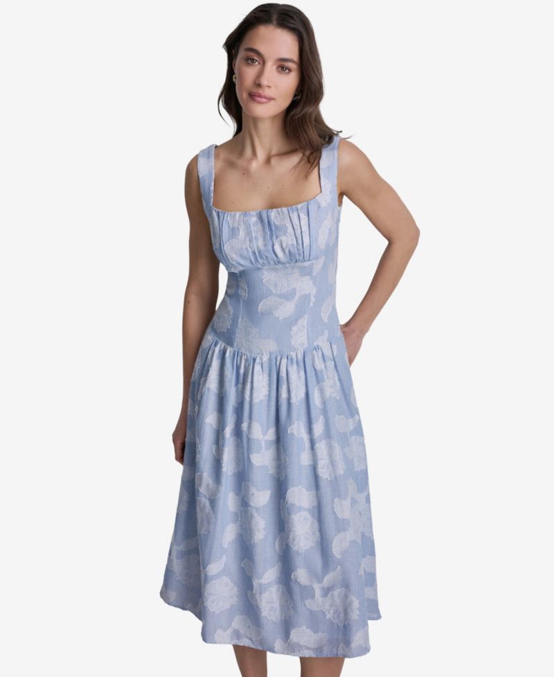 Women's Floral Print Square Neck Cotton Midi Dress