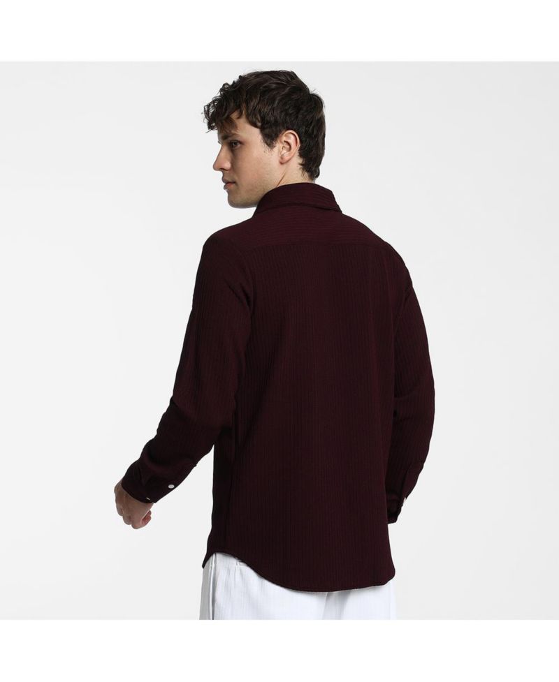 Men's Maroon Red Stripe-Creased Shirt