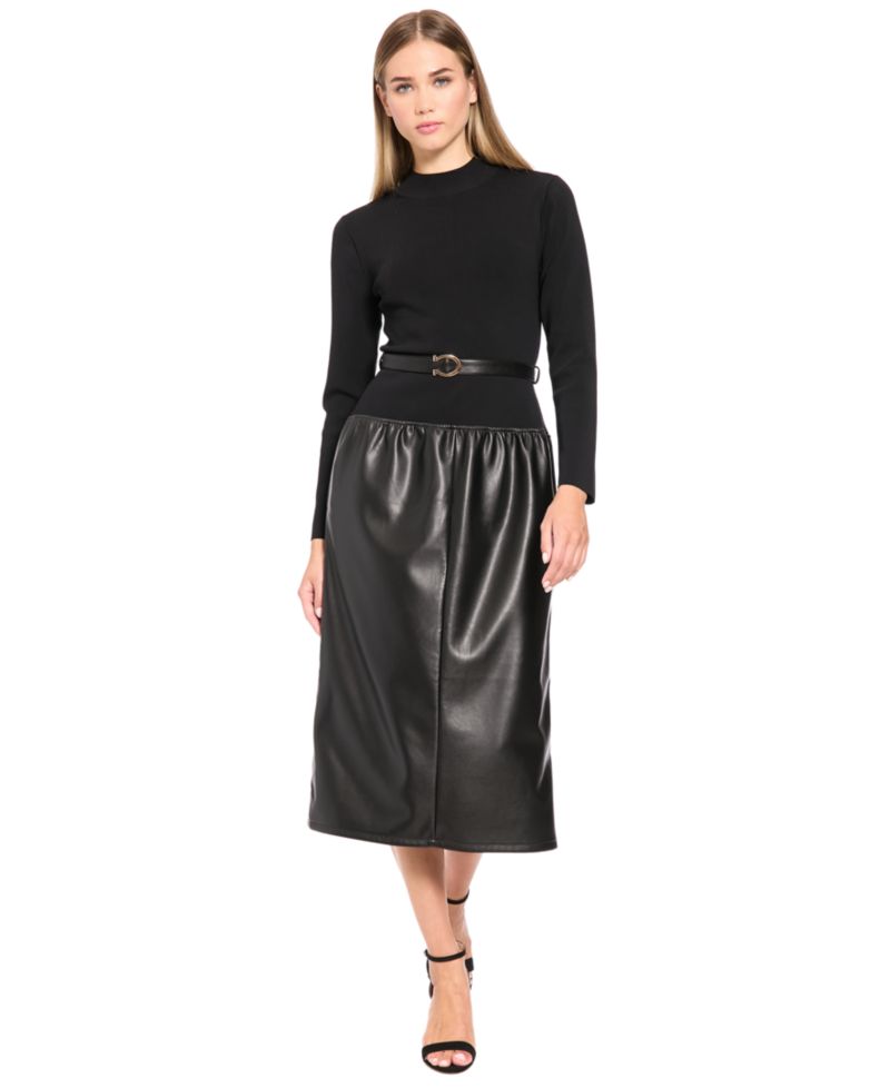 Women's Long-Sleeve Mock-Neck Mixed-Media Midi Dress
