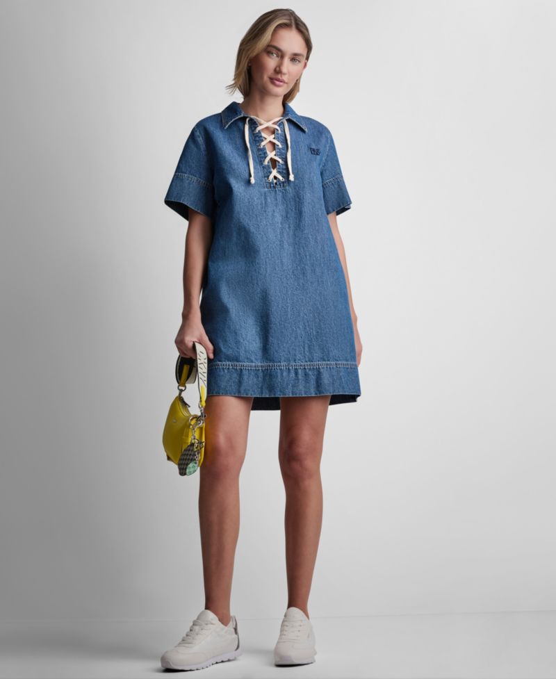 Women's Short-Sleeve Lace Up Shift Dress