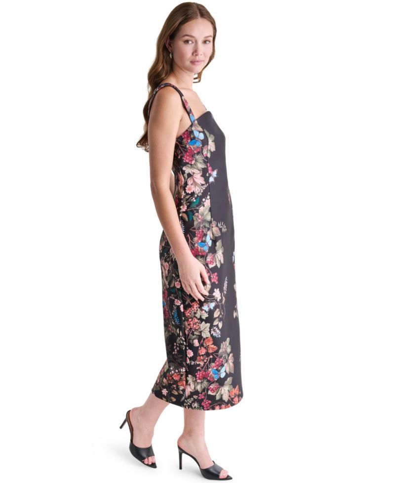 Women's Floral Print Square Neck Satin Midi Dress