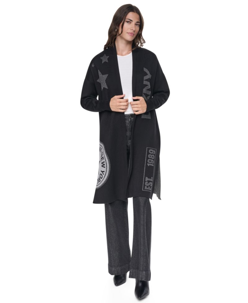 Women's Oversized Lurex Patch Open Front Cardigan Sweater