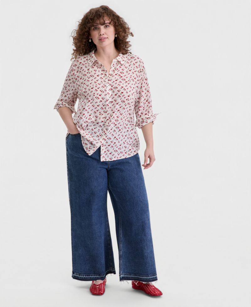 Trendy Plus Size Cherry Print Silky Shirt