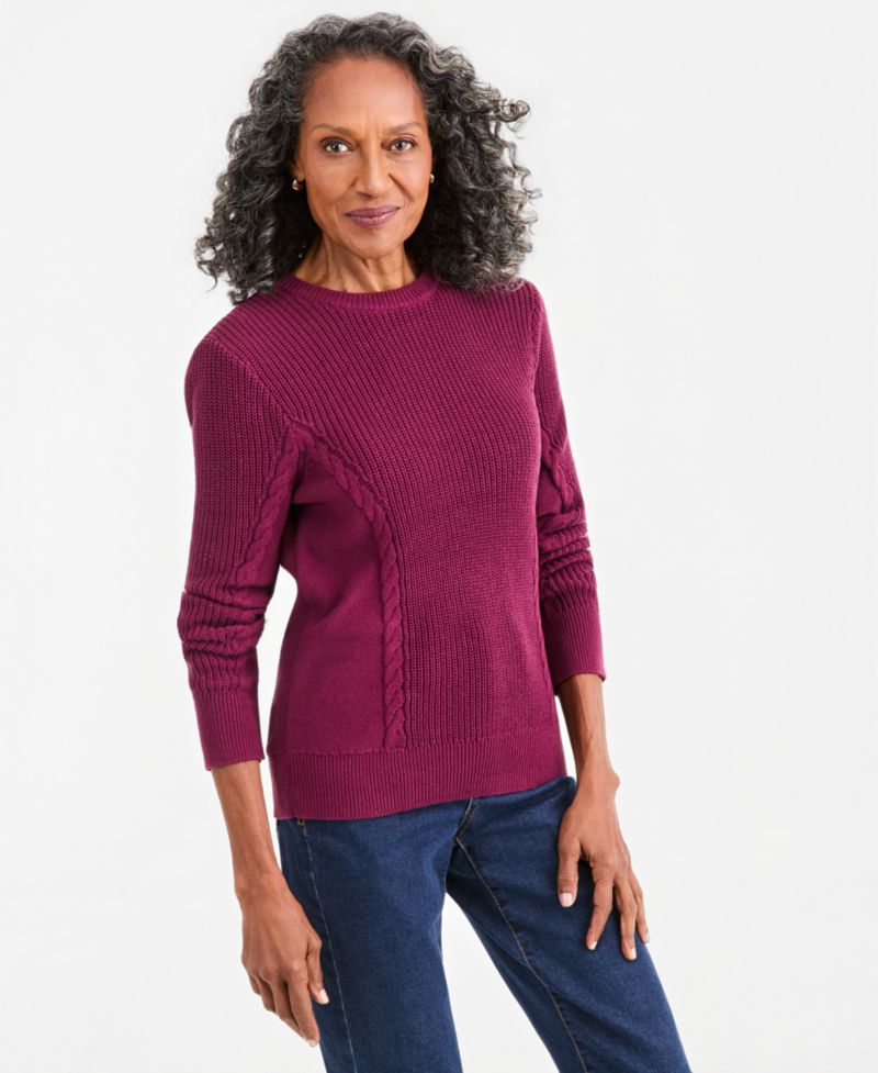 Petite Mixed Rib Cable-Knit Cotton Crewneck Pullover