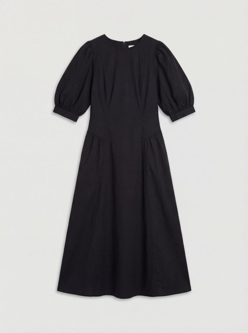 Women's Seersucker Puff Sleeve Midi Dress