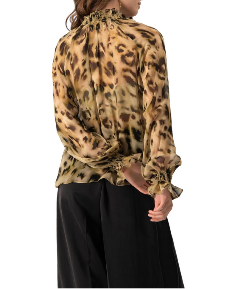 Women's Sheer Chiffon Tie-Neck Blouse in Abstract Animal Print