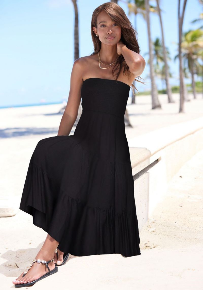 Women's Viscose Printed Convertible Tiered Smocked Bandeau Midi Dress