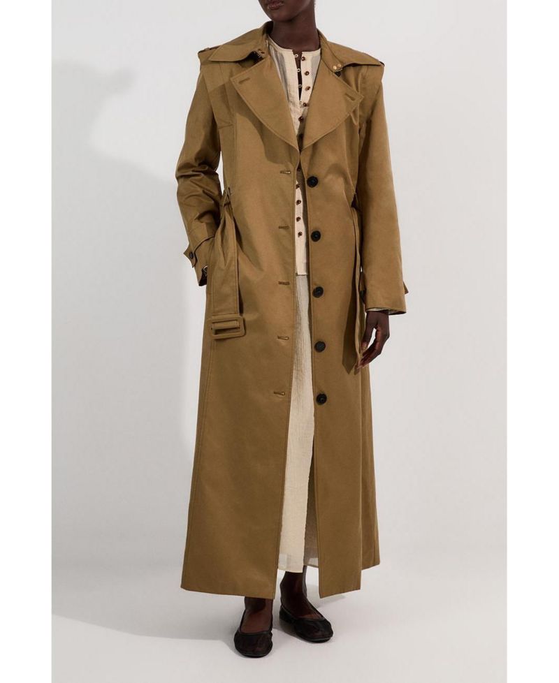 Women's Strong Shoulder Belted Maxi Trench Coat