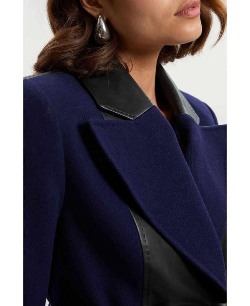Women's Wool Pu Mix Belted Midi Coat