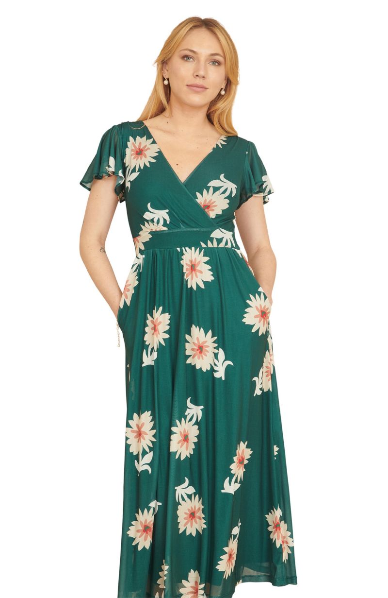 Women's Mesh Flower With Pockets Wrap Midi Dress