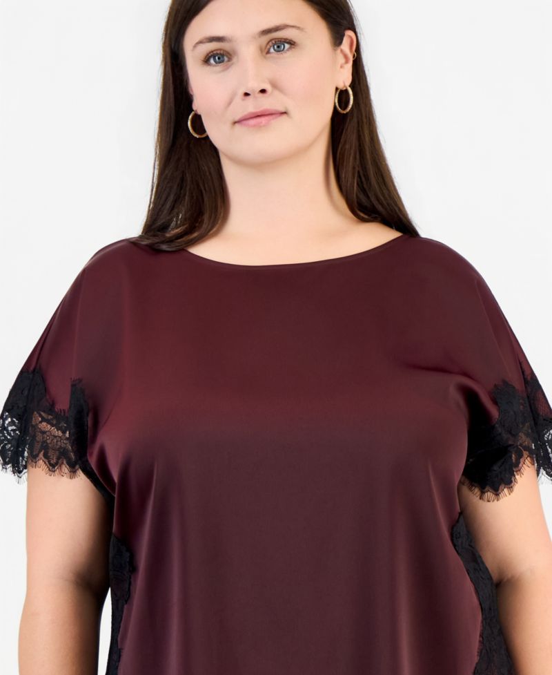 Plus Size Lace-Trim Short-Sleeve Bateau Neck Blouse