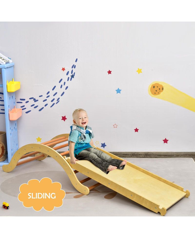 Ages 1+ 3-in-1 Reversible Wooden Ladder Arch, Ramp and Rocker Board, 3-Piece Set
