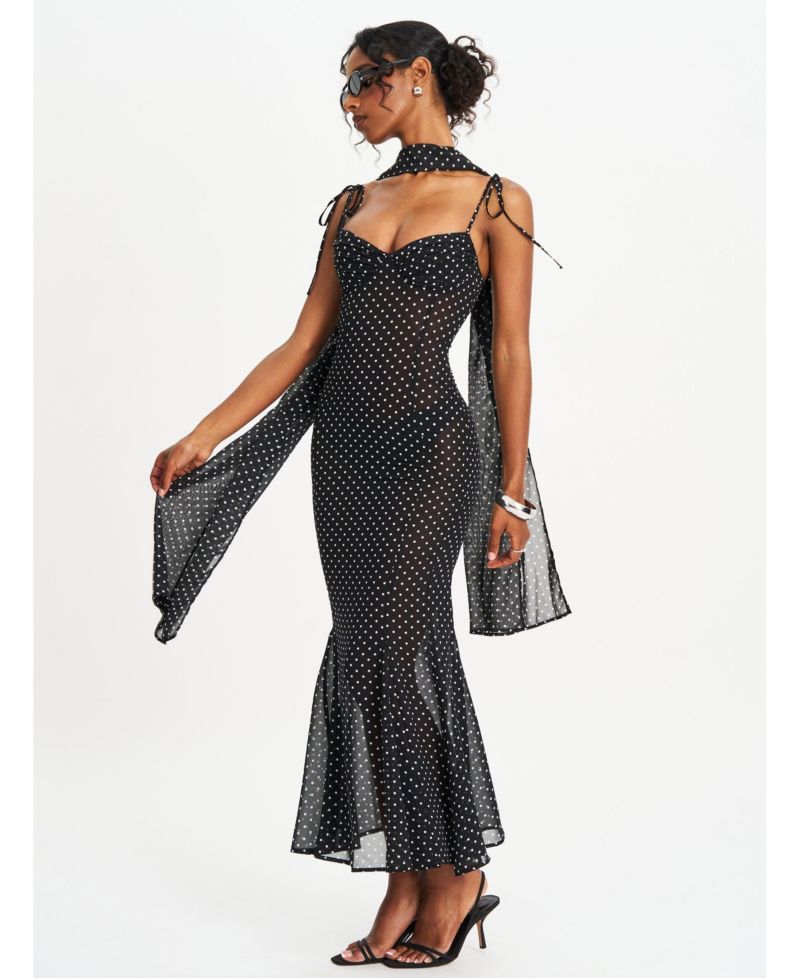 Women's Yadira Black Base Polka Dot Chiffon Maxi Dress