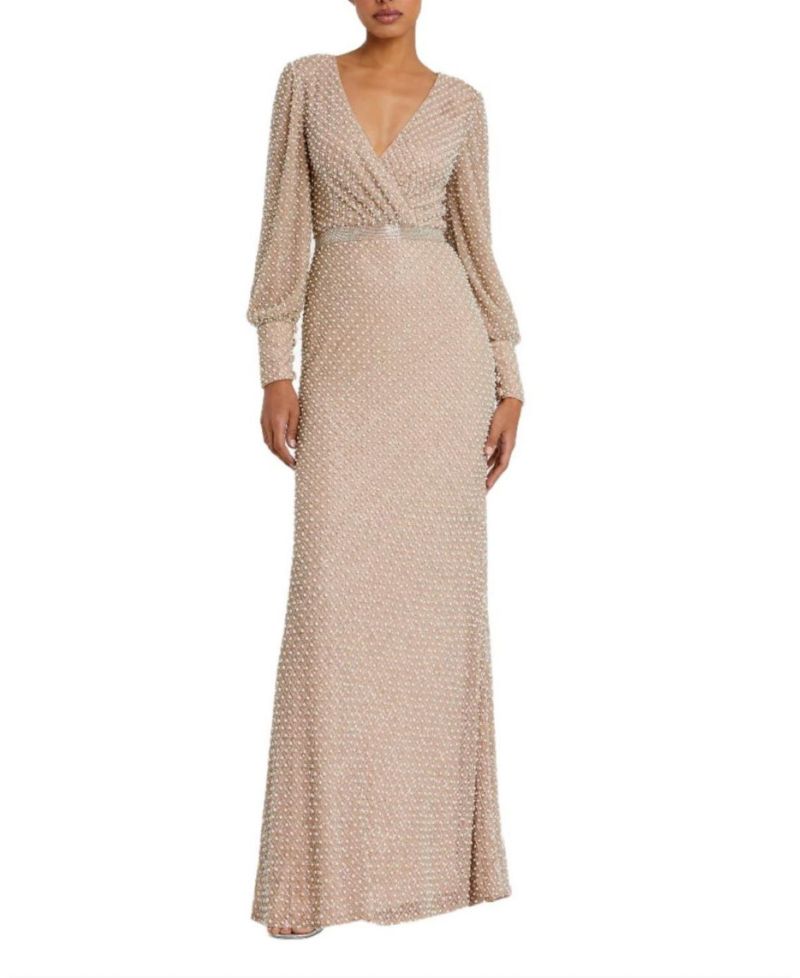 Women's Wrap Over Bishop Sleeve Gown With Pearl Beading