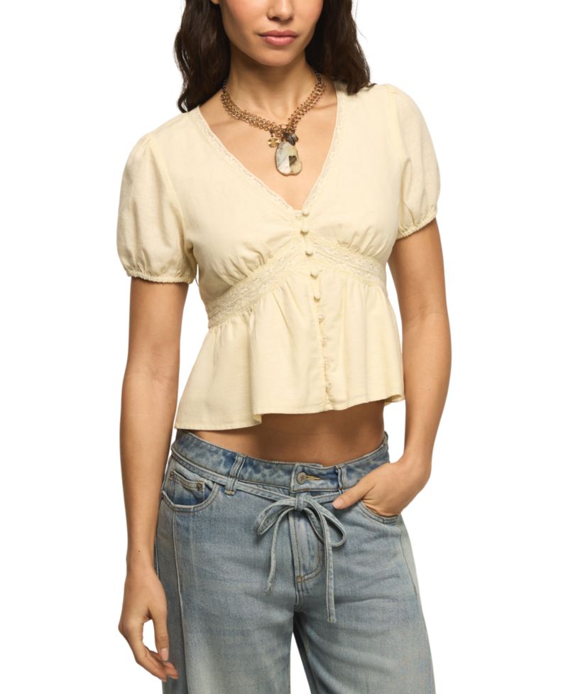 Women's Drawstring Sleeve Lace Peplum V-Neck Top