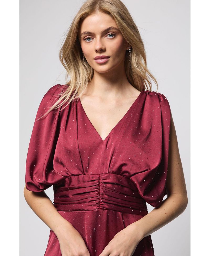 Women's Hotfix Detail Ruched Bodice Midi Dress