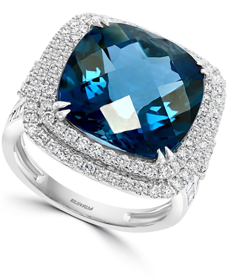 EFFY® London Blue Topaz (12-1/3 ct. t.w.) & Diamond (1-1/5 ct. t.w.) Halo Statement Ring in 14k White Gold (Also available in 14k Gold)