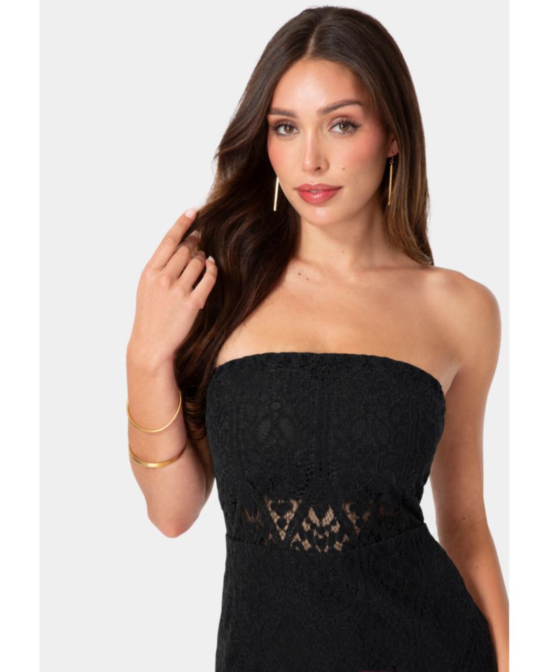 Women's Lace Illusion Strapless Midi Dress
