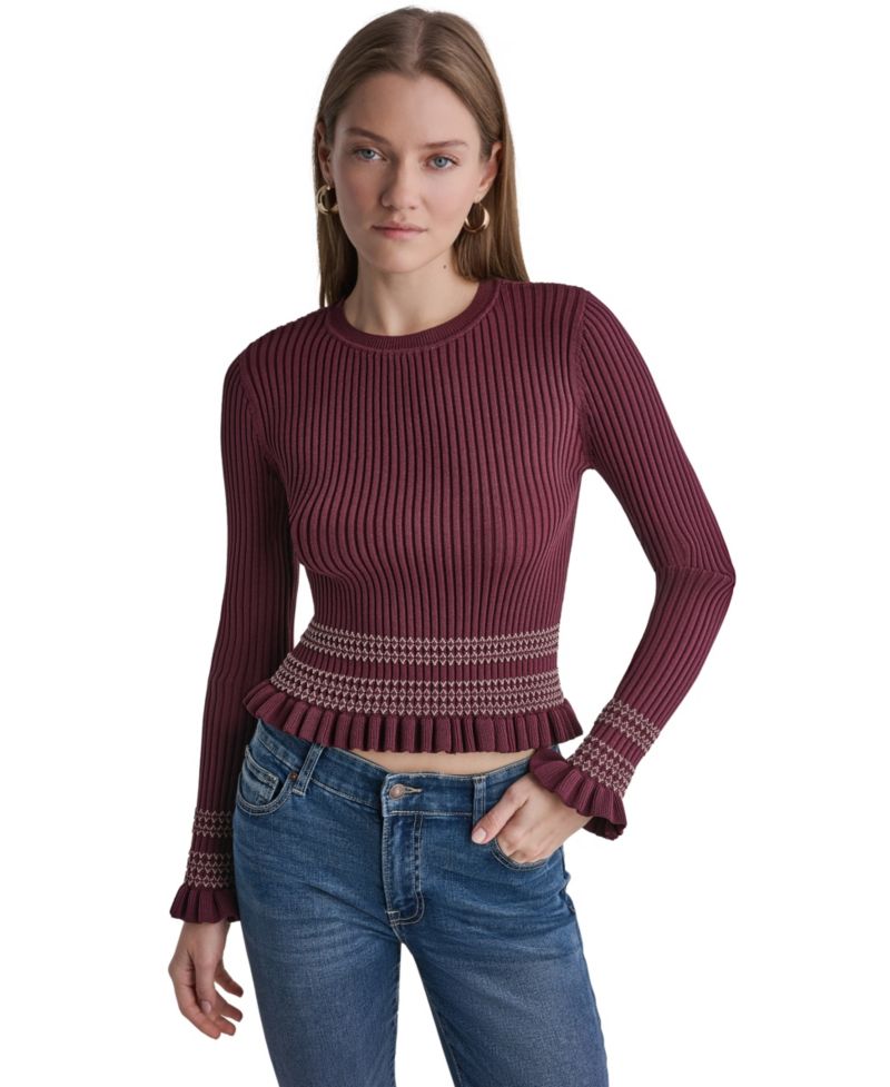 Women's Long Sleeve Crewneck Ribbed Knit Sweater