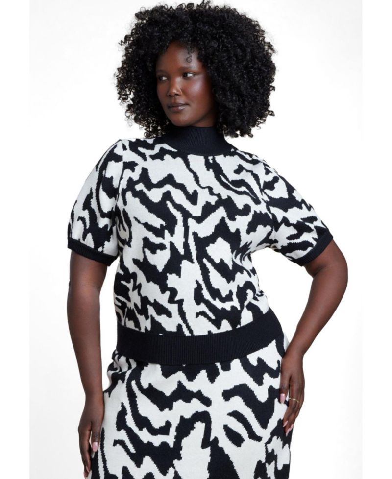 Plus Size Cropped Mock Neck Intarsia Knit Sweater