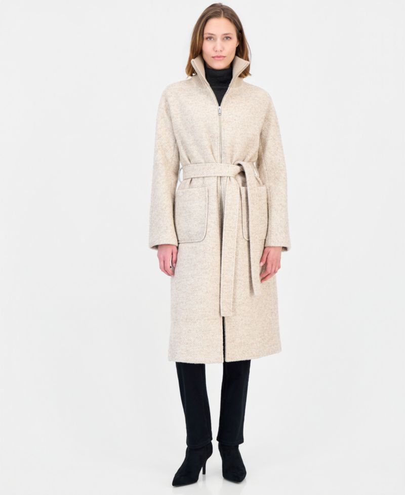 Women's Belted Knit-Collar Textured Coat