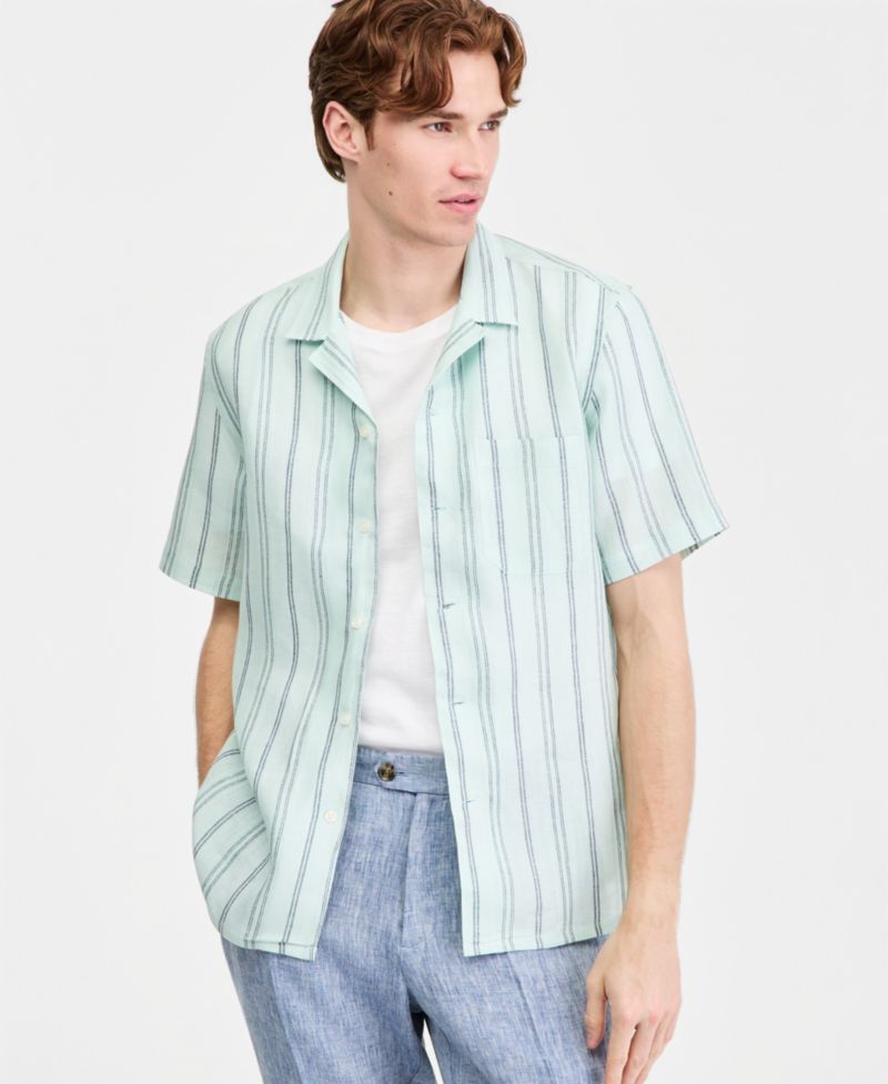 Men's Textured Stripe Linen Short-Sleeve Shirt