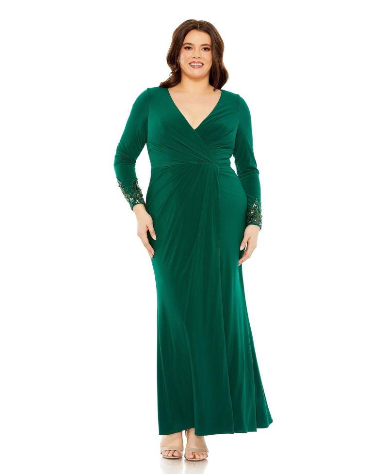 Women's Long Crystal Detail Sleeve V Neck Gown