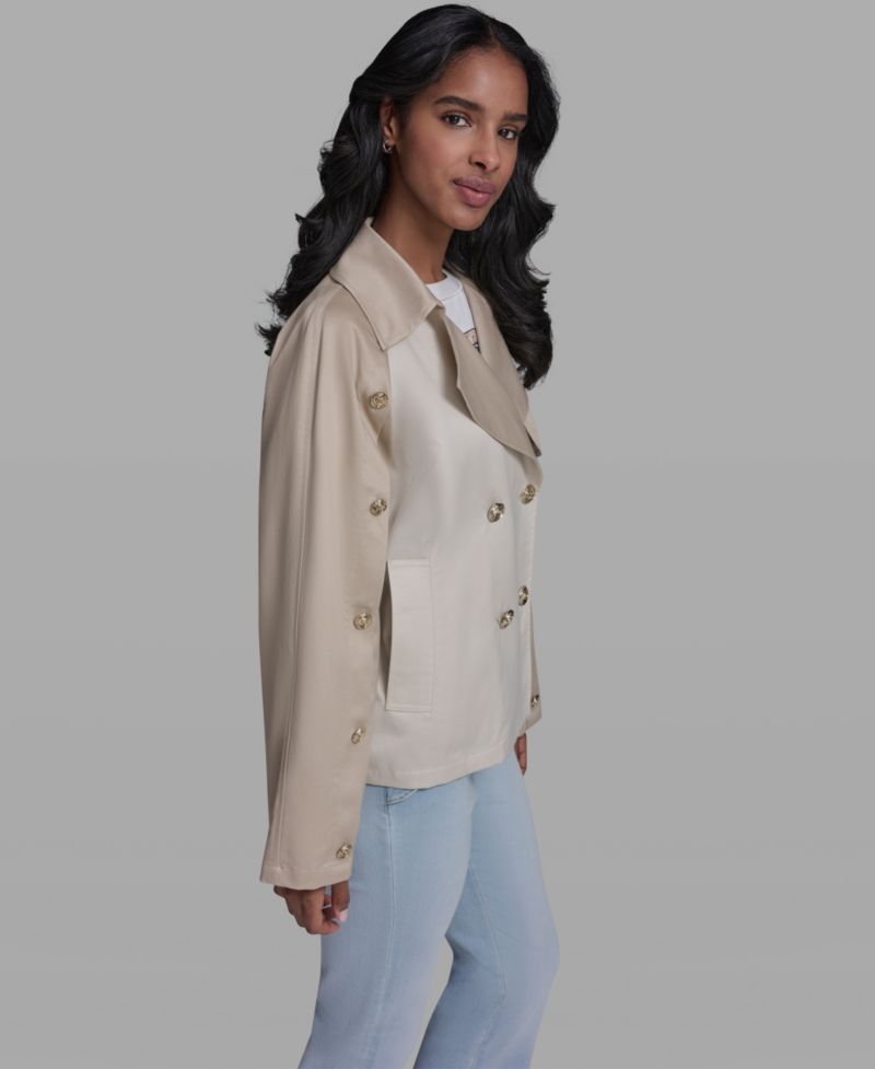 Women's Crop Trench Button-Sleeve Quilted Back Jacket