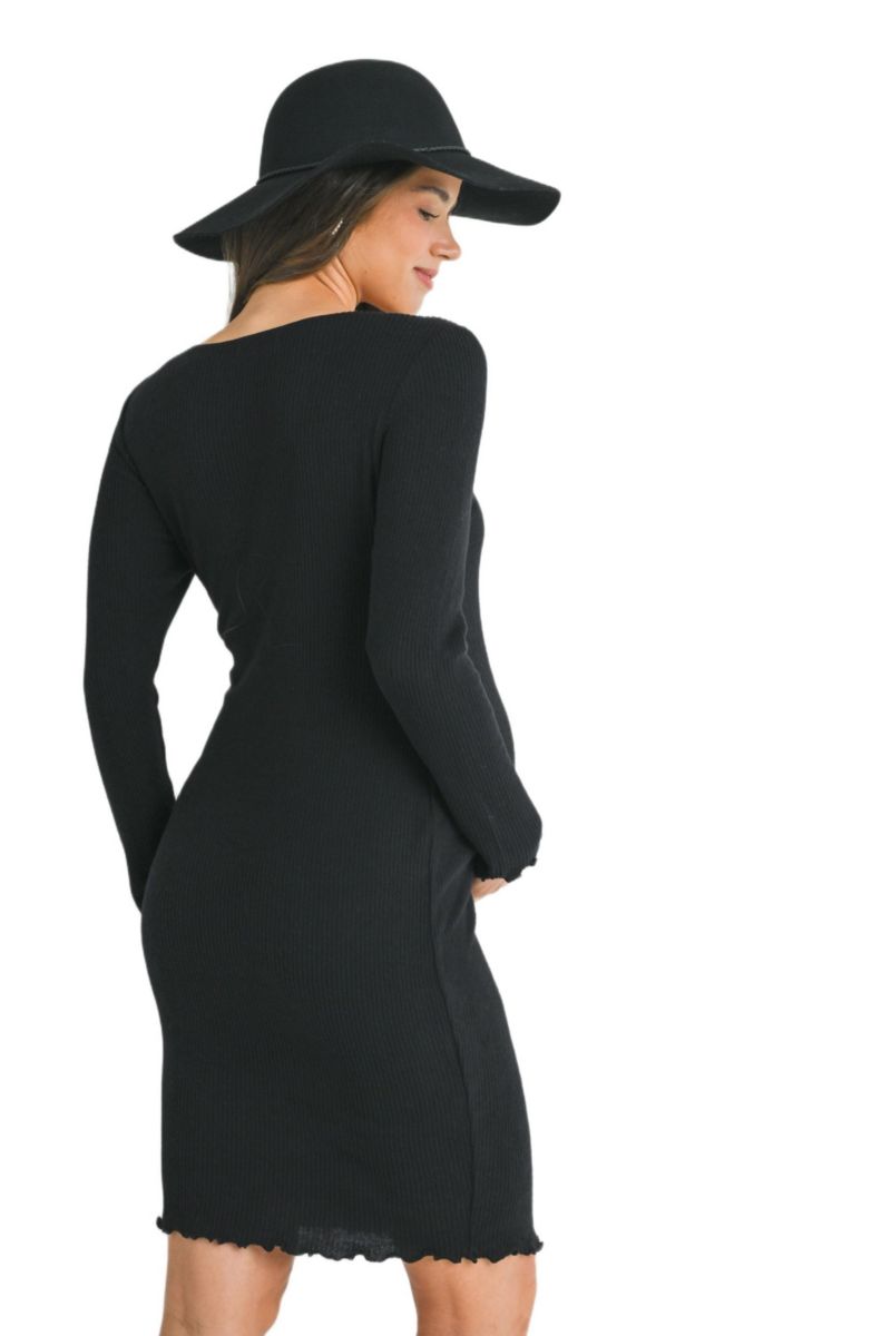 Women's Long Sleeve Ribbed Knit Sweater Dress with Lettuce Hem