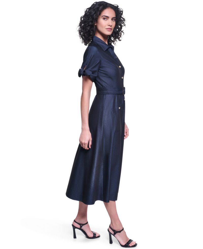 Women's Denim Belted Midi Shirt Dress