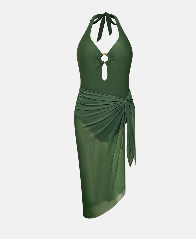 Women's Gentle Breeze Halter One-Piece Swim and Sarong Cover-Up Set
