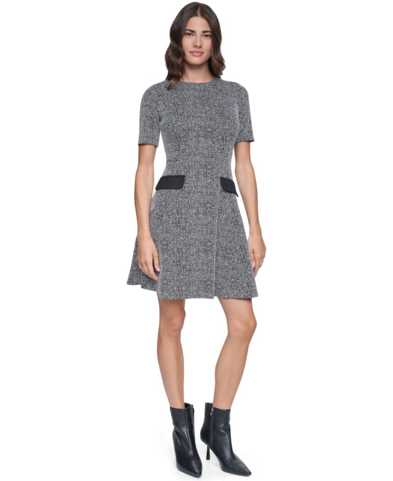 Women's Short-Sleeve Crewneck Textured-Knit Fit and Flare Dress